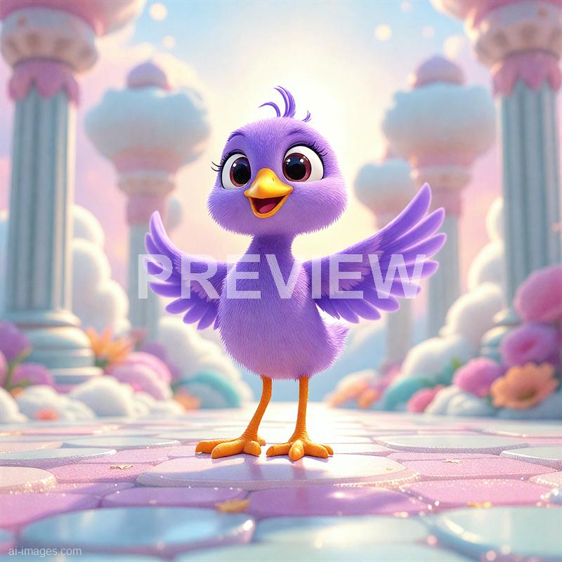 A cute, animated purple bird with large expressive eyes, a yellow beak, and fluffy feathers is standing with its wings spread wide open, appearing joyful. The background features a dreamy, pastel-colored landscape with fluffy pink and white clouds, tall white columns, and a sky filled with soft pink and blue hues, giving a whimsical and fantastical atmosphere. The ground beneath the bird is made of pinkish tiles, complementing the overall soft and colorful aesthetic of the scene.
